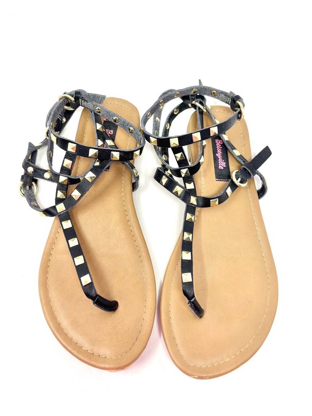 Betseyville Black Studded T-Strap Gladiator Caged Sandals Women’s 8